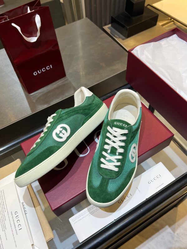 sy_no_BEC76850E6F48C4CD3425D62778C60C0_6 Gucci B Sneaker Green Fabric & Suede – Emerald Green / Ivory