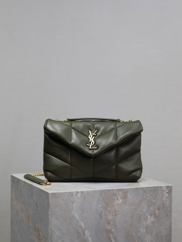 YSL Loulou Puffer Mini Double-Chain Bag – Olive Green Lambskin