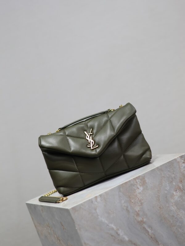 YSL Loulou Puffer Mini Double-Chain Bag – Olive Green Lambskin
