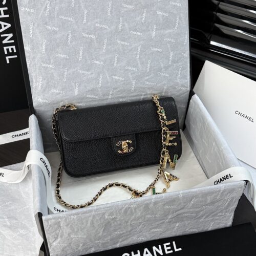 Black Textured Calfskin Gemstone Letter Charm Chain Flap Bag