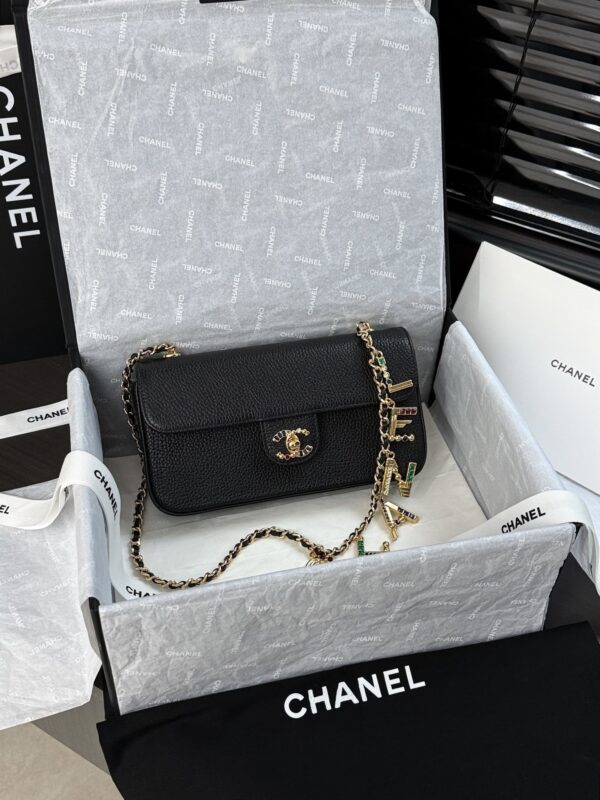sy_no_C367CD68172FDB2C83C59390939D0103_0 Black Textured Calfskin Gemstone Letter Charm Chain Flap Bag