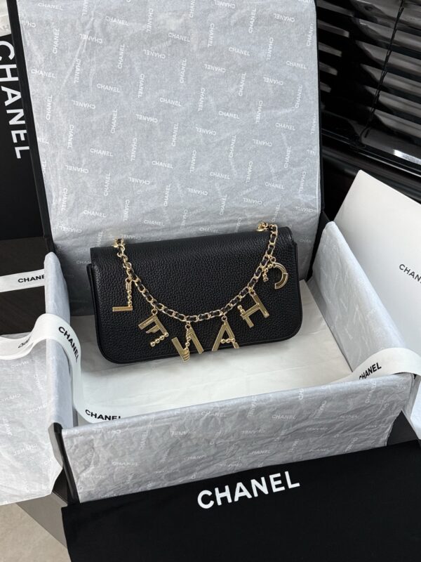 sy_no_C367CD68172FDB2C83C59390939D0103_1 Black Textured Calfskin Gemstone Letter Charm Chain Flap Bag