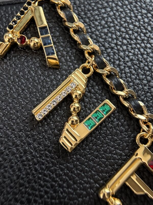 sy_no_C367CD68172FDB2C83C59390939D0103_3 Black Textured Calfskin Gemstone Letter Charm Chain Flap Bag