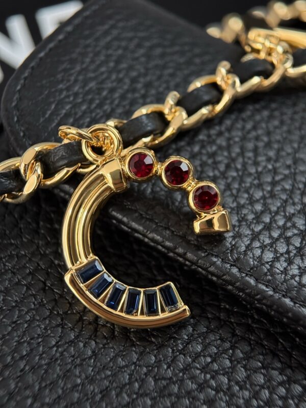 sy_no_C367CD68172FDB2C83C59390939D0103_4 Black Textured Calfskin Gemstone Letter Charm Chain Flap Bag