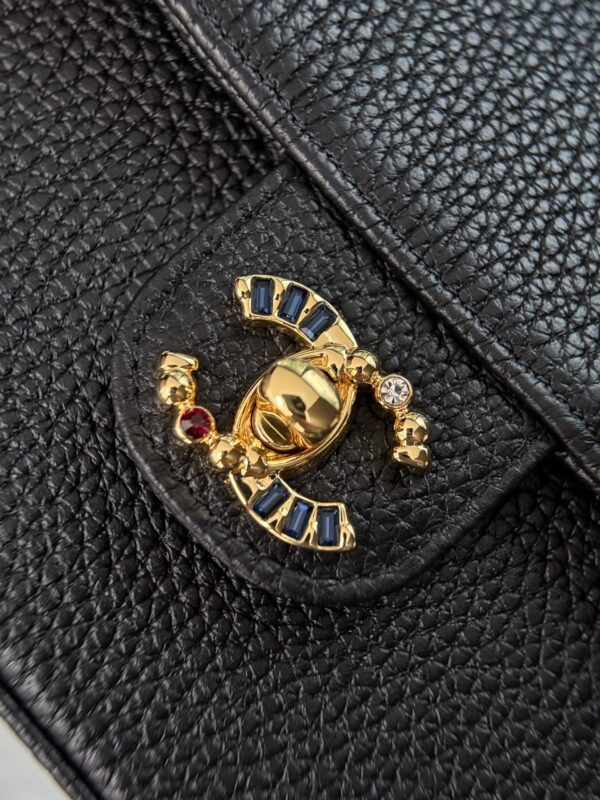 sy_no_C367CD68172FDB2C83C59390939D0103_5 Black Textured Calfskin Gemstone Letter Charm Chain Flap Bag