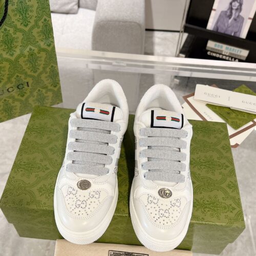sy_no_C9C77C3C2DB5028D90177AF95320CDF2_0 Gucci Screener Crystal Embellished White Leather Sneaker with Silver Web Stripe