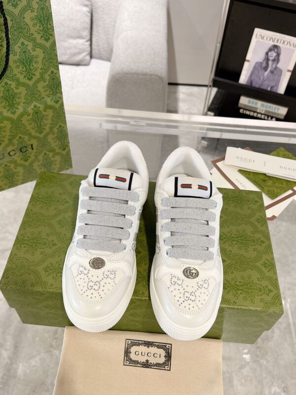 Gucci Screener Crystal Embellished White Leather Sneaker with Silver Web Stripe