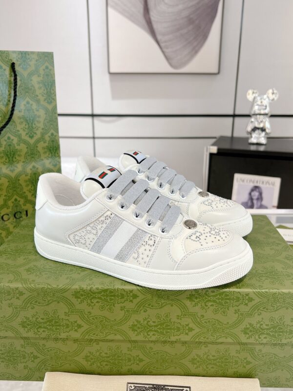 Gucci Screener Crystal Embellished White Leather Sneaker with Silver Web Stripe