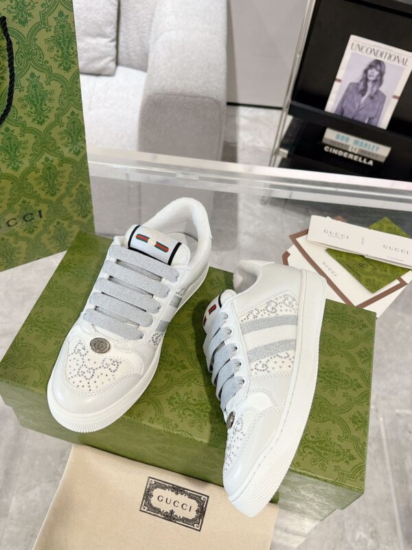 Gucci Screener Crystal Embellished White Leather Sneaker with Silver Web Stripe
