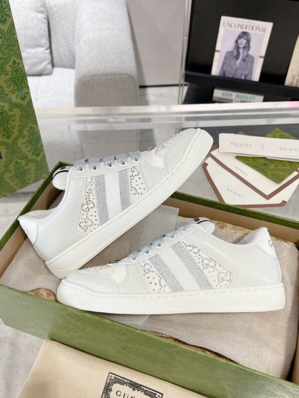 Gucci Screener Crystal Embellished White Leather Sneaker with Silver Web Stripe