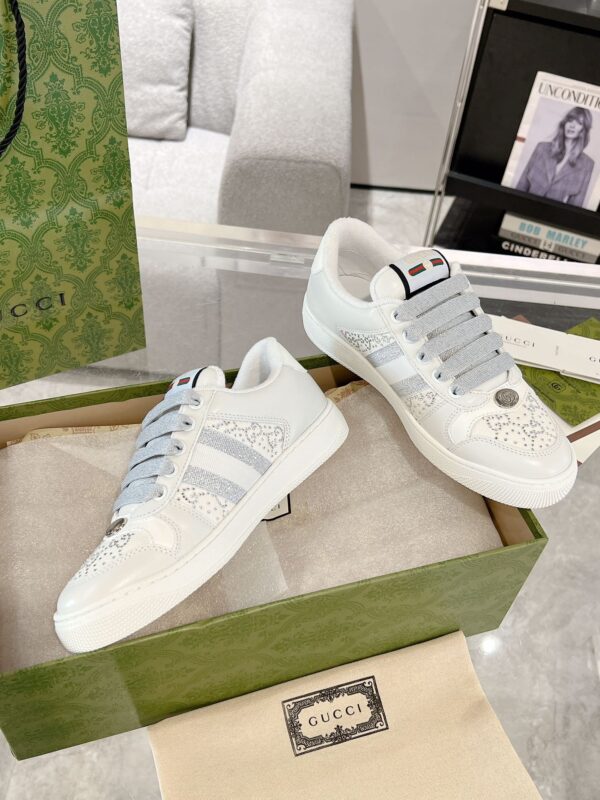 Gucci Screener Crystal Embellished White Leather Sneaker with Silver Web Stripe