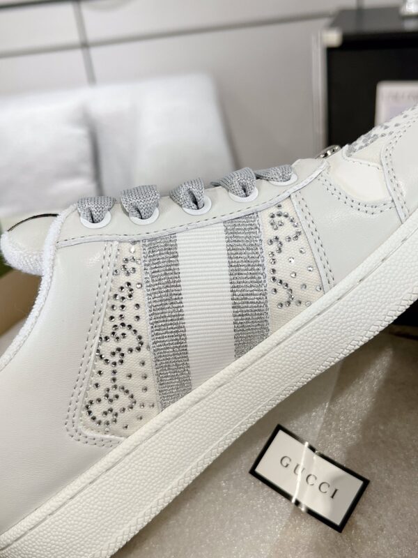 Gucci Screener Crystal Embellished White Leather Sneaker with Silver Web Stripe