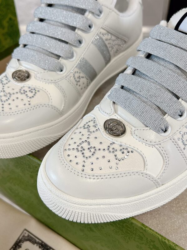Gucci Screener Crystal Embellished White Leather Sneaker with Silver Web Stripe