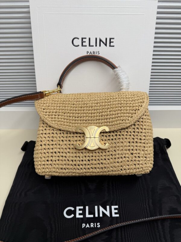 sy_no_CBC496A9FCA9CA8BC7977A499B119477_0 CELINE Triomphe Kelly Raffia Handbag