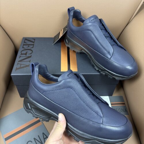 Navy Blue Textured Leather Vibram® Lug-Sole Slip-On Sneakers