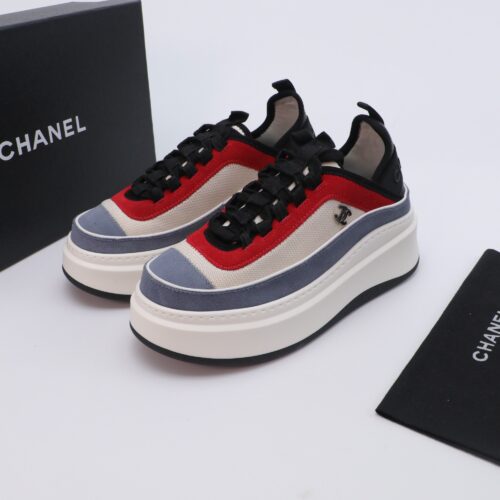 Blue, Red & Beige Suede Platform Chunky Sneakers