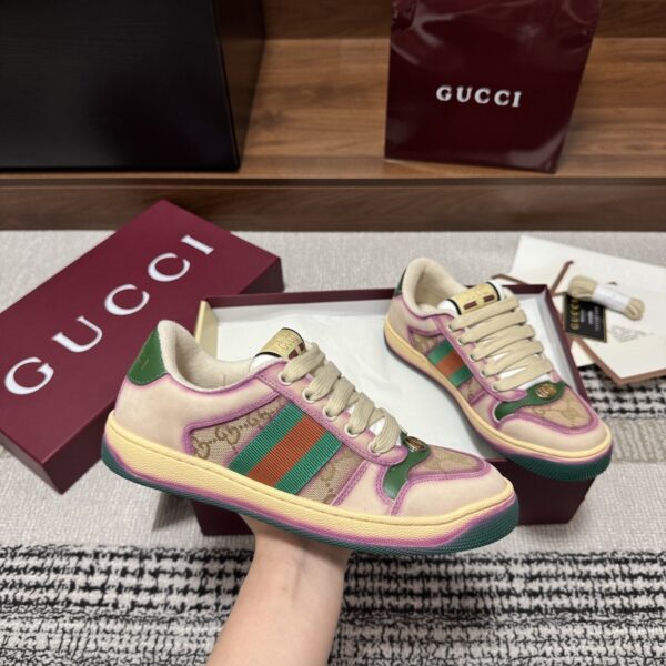 sy_no_D93030CE6CB268ADA3D82412332804EE_4 Gucci Screener GG Canvas & Beige Suede Sneaker with Pink Wash Accent