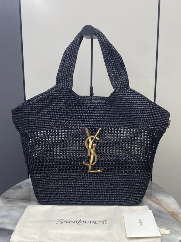 sy_no_DA0D74B2968D6EE78D6D886789893470_0 YSL Small Icare Woven Tote – Black & Gold