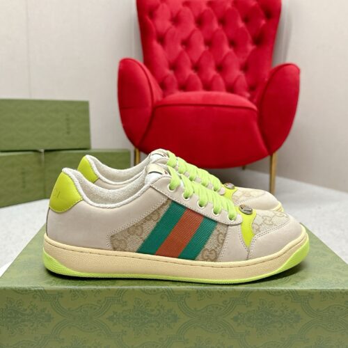 sy_no_DC1DD545DF32546B50FCCAE891FB394A_0 Gucci Screener Beige GG Canvas & Suede Sneaker with Neon Green Accents