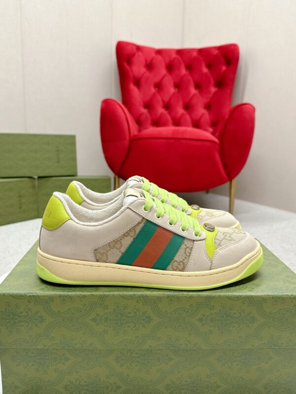 sy_no_DC1DD545DF32546B50FCCAE891FB394A_0 Gucci Screener Beige GG Canvas & Suede Sneaker with Neon Green Accents