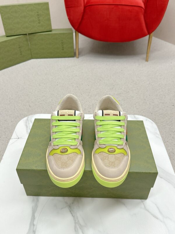 sy_no_DC1DD545DF32546B50FCCAE891FB394A_1 Gucci Screener Beige GG Canvas & Suede Sneaker with Neon Green Accents