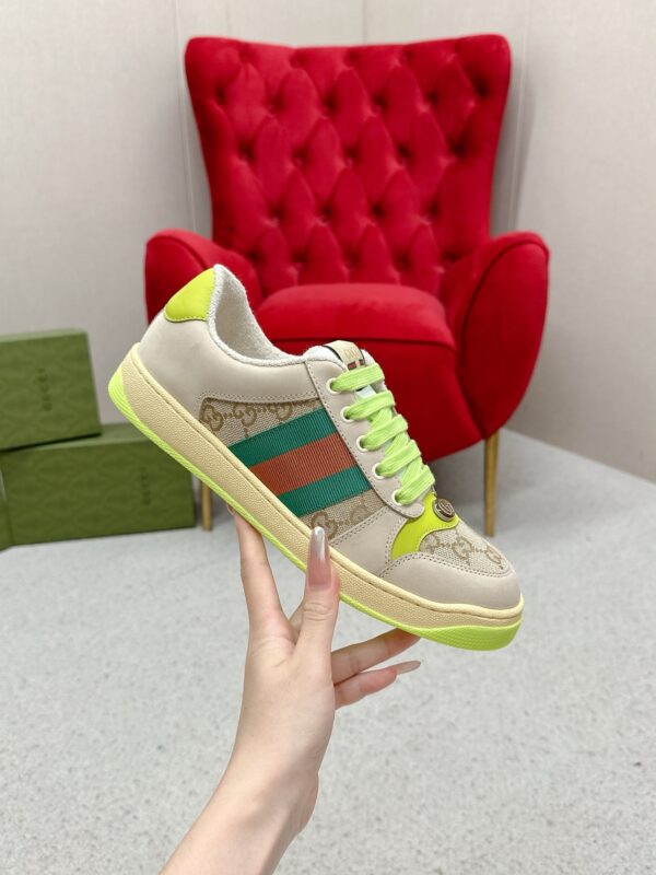 sy_no_DC1DD545DF32546B50FCCAE891FB394A_2 Gucci Screener Beige GG Canvas & Suede Sneaker with Neon Green Accents
