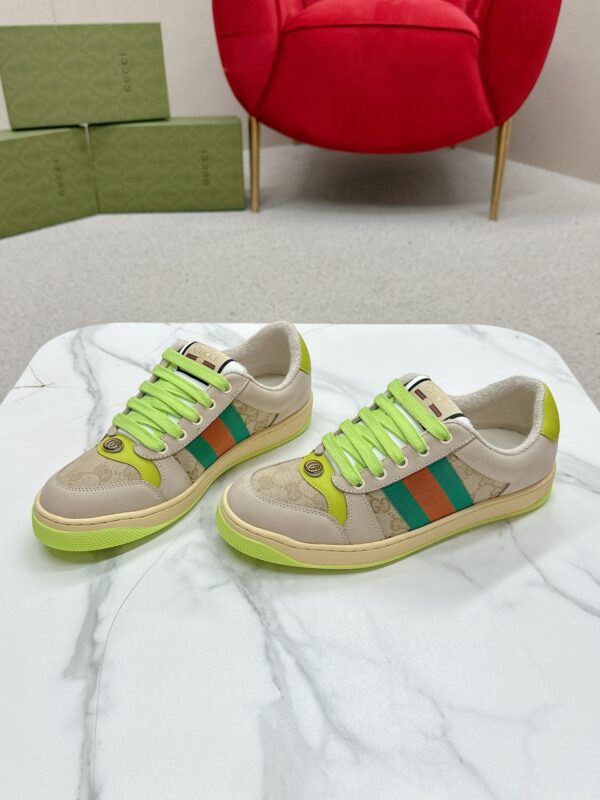 sy_no_DC1DD545DF32546B50FCCAE891FB394A_4 Gucci Screener Beige GG Canvas & Suede Sneaker with Neon Green Accents