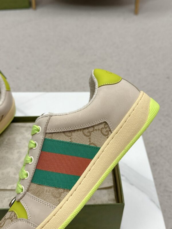 sy_no_DC1DD545DF32546B50FCCAE891FB394A_6 Gucci Screener Beige GG Canvas & Suede Sneaker with Neon Green Accents