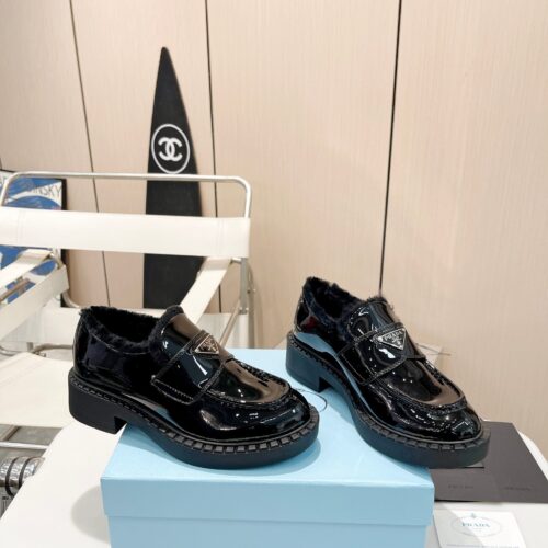 Black Patent Leather Shearling-Lined Platform Loafers
