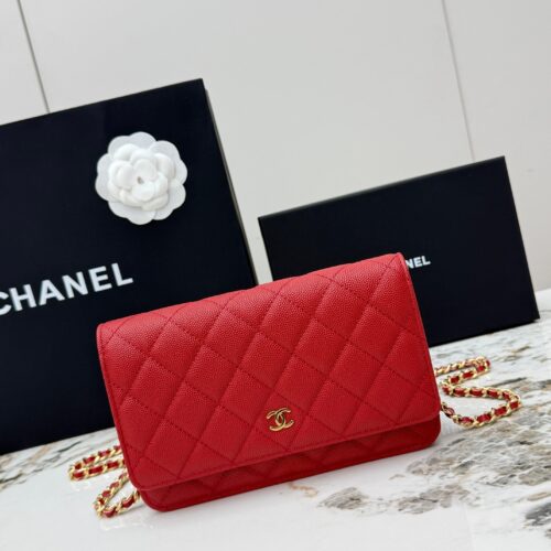 Red Quilted Textured Calfskin WOC Chain Wallet