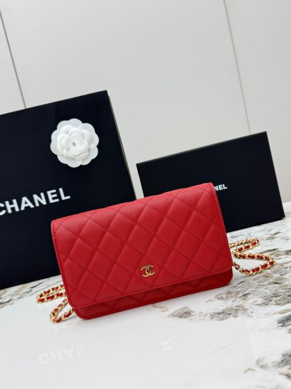 Red Quilted Textured Calfskin WOC Chain Wallet