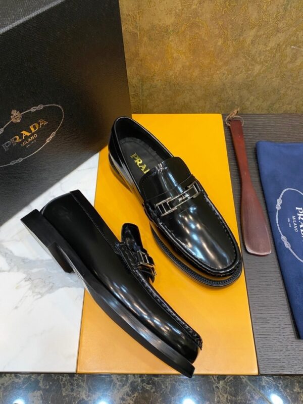 sy_no_E163A188E9D08E58E93B96CD05175790_2 Prada Black Brushed Leather Metal Bar Loafers