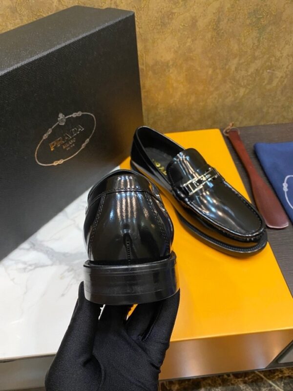 sy_no_E163A188E9D08E58E93B96CD05175790_5 Prada Black Brushed Leather Metal Bar Loafers