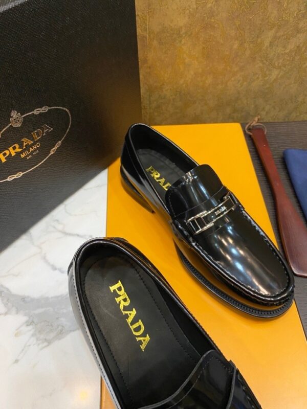 sy_no_E163A188E9D08E58E93B96CD05175790_6 Prada Black Brushed Leather Metal Bar Loafers