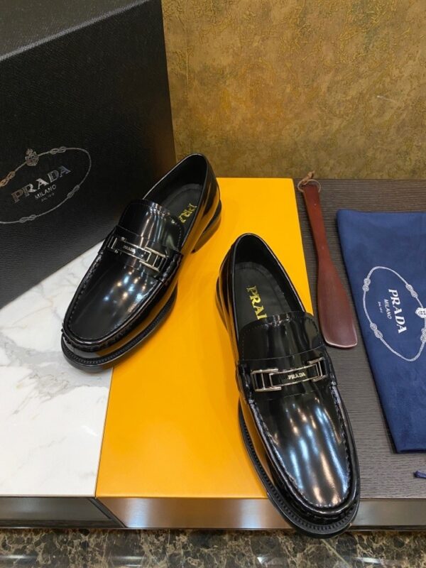 sy_no_E163A188E9D08E58E93B96CD05175790_8 Prada Black Brushed Leather Metal Bar Loafers