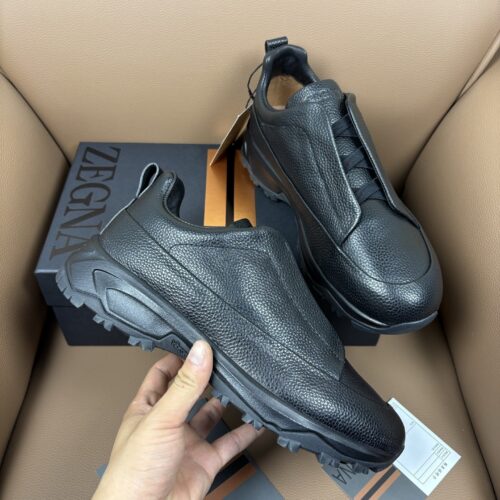 Black Textured Leather Vibram® Lug-Sole Slip-On Sneakers