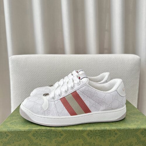sy_no_E4C1747DAD2EA182D8D6E42C5BCF5642_0 Gucci Screener Sneaker in White GG Canvas with Red & Cream Web Stripe