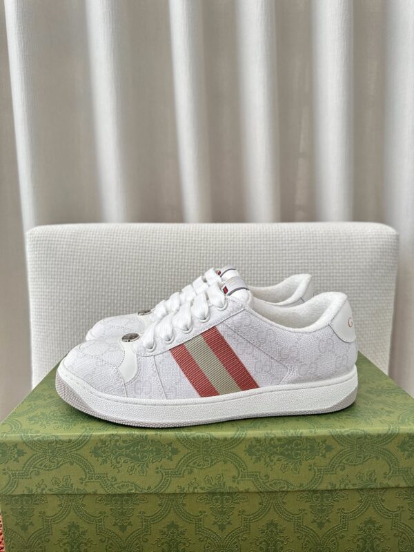 sy_no_E4C1747DAD2EA182D8D6E42C5BCF5642_0 Gucci Screener Sneaker in White GG Canvas with Red & Cream Web Stripe