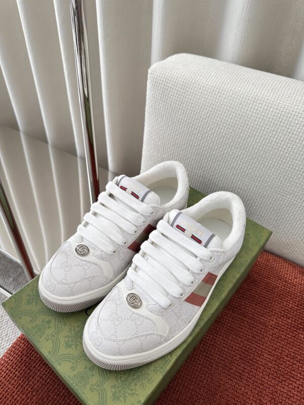 sy_no_E4C1747DAD2EA182D8D6E42C5BCF5642_1 Gucci Screener Sneaker in White GG Canvas with Red & Cream Web Stripe