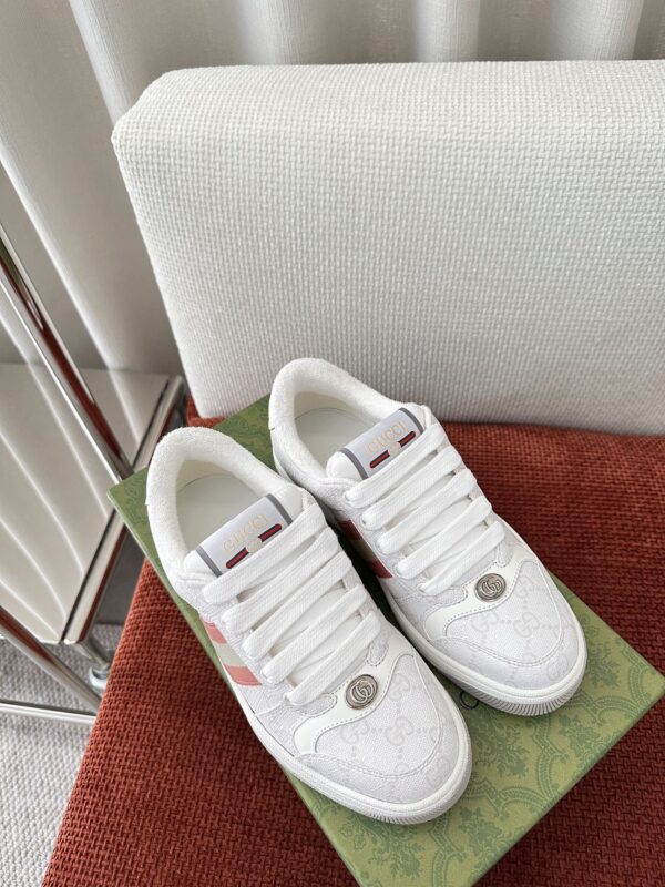 sy_no_E4C1747DAD2EA182D8D6E42C5BCF5642_2 Gucci Screener Sneaker in White GG Canvas with Red & Cream Web Stripe