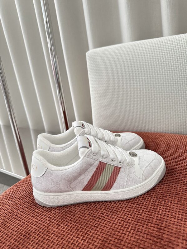 sy_no_E4C1747DAD2EA182D8D6E42C5BCF5642_3 Gucci Screener Sneaker in White GG Canvas with Red & Cream Web Stripe