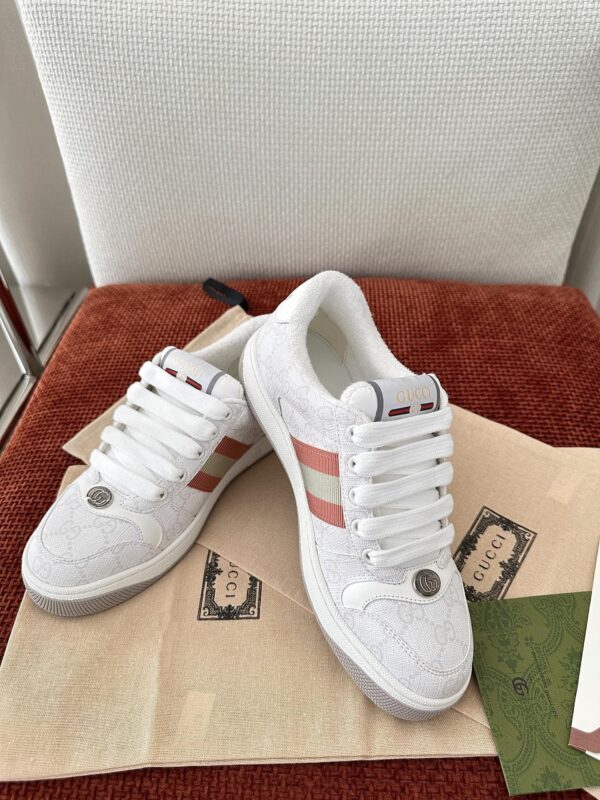 sy_no_E4C1747DAD2EA182D8D6E42C5BCF5642_4 Gucci Screener Sneaker in White GG Canvas with Red & Cream Web Stripe