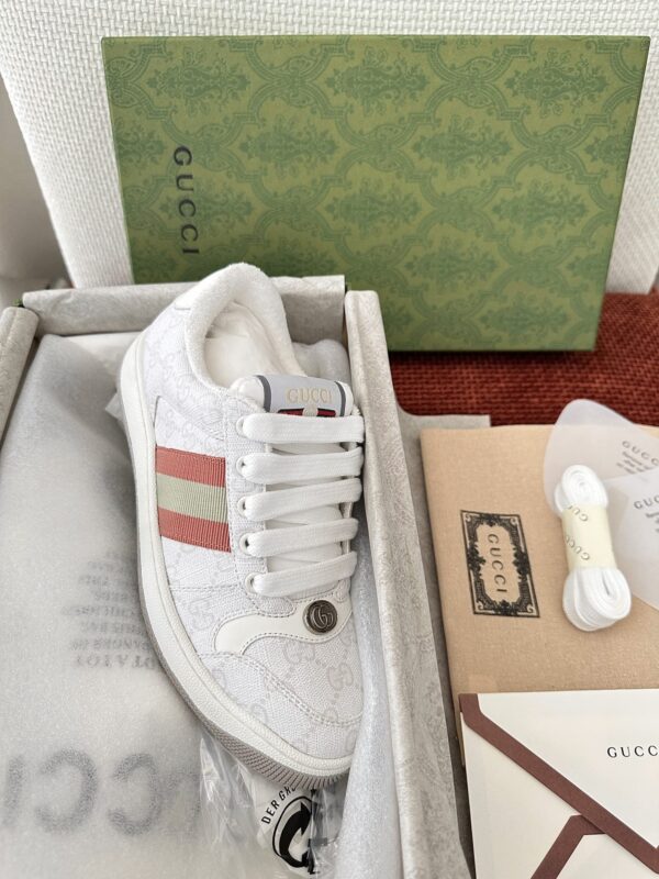 sy_no_E4C1747DAD2EA182D8D6E42C5BCF5642_5 Gucci Screener Sneaker in White GG Canvas with Red & Cream Web Stripe