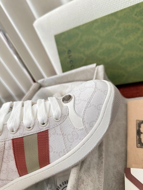 sy_no_E4C1747DAD2EA182D8D6E42C5BCF5642_6 Gucci Screener Sneaker in White GG Canvas with Red & Cream Web Stripe