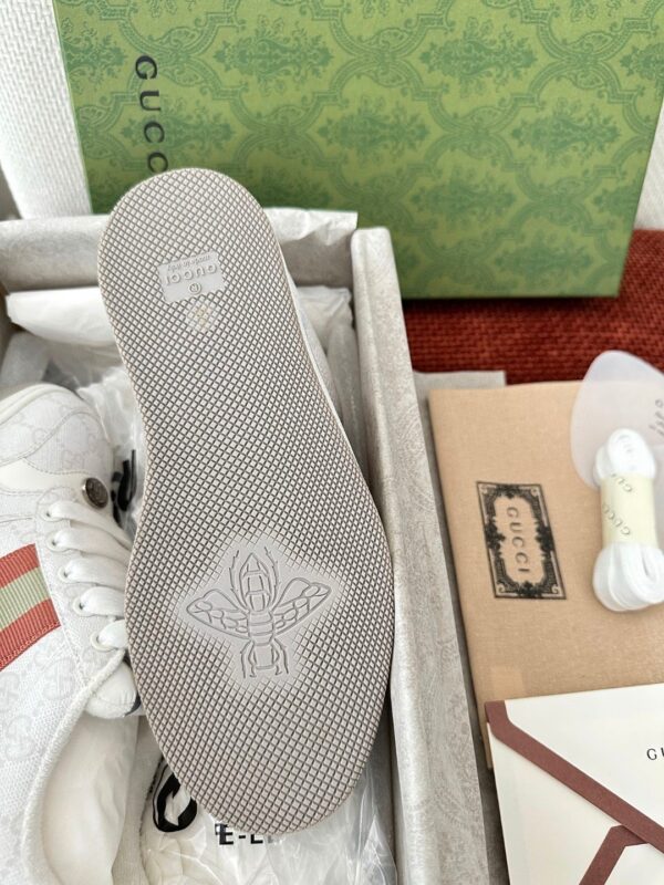 sy_no_E4C1747DAD2EA182D8D6E42C5BCF5642_7 Gucci Screener Sneaker in White GG Canvas with Red & Cream Web Stripe