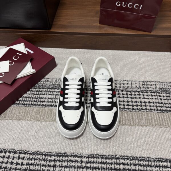 sy_no_E4F21EDBD509E86040858889F1B2E534_1 Gucci Re-Web Sneaker in Black & White Leather with White Sole