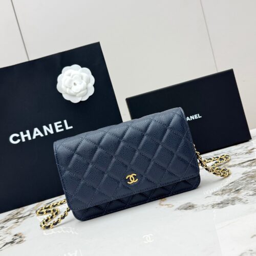 Deep Blue Quilted Textured Calfskin WOC Chain Wallet