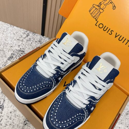 sy_no_E7BA40665B700004195FBB97F5348285_0 Louis Vuitton LV Trainer Indigo Denim with Pearl Studs Retro Sneakers