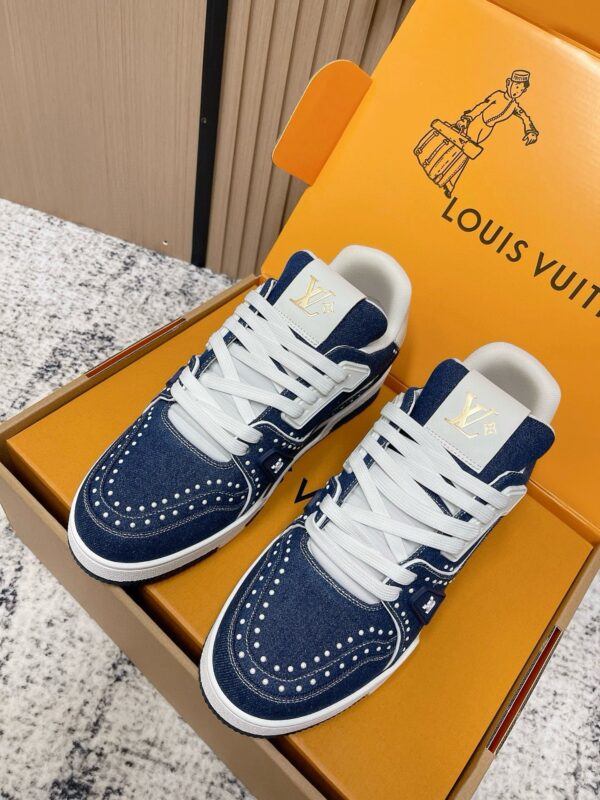 sy_no_E7BA40665B700004195FBB97F5348285_0 Louis Vuitton LV Trainer Indigo Denim with Pearl Studs Retro Sneakers