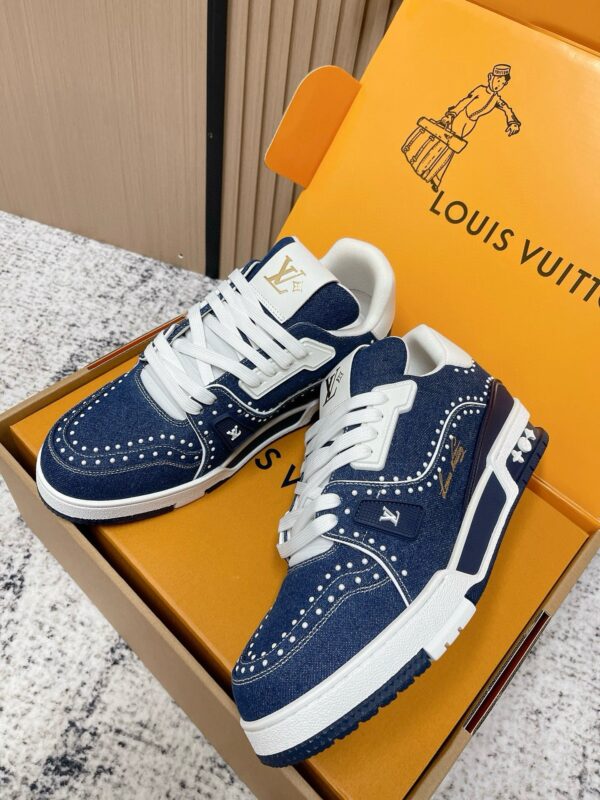 sy_no_E7BA40665B700004195FBB97F5348285_1 Louis Vuitton LV Trainer Indigo Denim with Pearl Studs Retro Sneakers